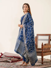 Navy Blue Roman Silk Top Bottom With Jequard Dupatta Set-MLWSHKS4367MBL